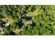 Overhead view of a secluded log cabin property featuring a home, guest house, pool, and surrounded by mature trees at 515 Tramway West Rd, Sanford, NC 27330