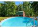 Inviting in-ground pool with views of a log cabin guest house surrounded by lush green trees at 515 Tramway West Rd, Sanford, NC 27330