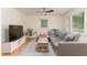 Comfortable living room featuring a plush gray couch, area rug, and abundant natural light at 529 Orindo Dr, Durham, NC 27713