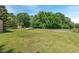 Spacious backyard with lush green grass, mature trees, and partial basketball court at 620 Mcghees Mill Rd, Roxboro, NC 27574