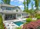 Aerial view of a stunning backyard featuring a pool, spa, outdoor seating areas, and lush landscaping at 6208 Old Miravalle Ct, Raleigh, NC 27614