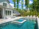 Beautiful backyard with a luxurious pool, spa, outdoor seating, and lush landscaping, perfect for entertaining at 6208 Old Miravalle Ct, Raleigh, NC 27614