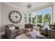 Bright living room filled with natural light, with an oversized clock and nice seating area at 6208 Old Miravalle Ct, Raleigh, NC 27614
