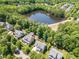 Beautiful aerial view of homes near a scenic lake surrounded by lush greenery and trees in a tranquil neighborhood at 800 Skymont Dr, Holly Springs, NC 27540