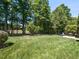 Expansive backyard with well-maintained lawn, mature trees, and a patio area, ideal for outdoor activities and gatherings at 800 Skymont Dr, Holly Springs, NC 27540
