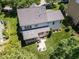 Aerial view of a well-maintained backyard featuring a patio with a grill and seating area, surrounded by lush greenery at 800 Skymont Dr, Holly Springs, NC 27540