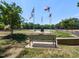 Peaceful park view with benches and American flags, set against a backdrop of tranquil lake waters and lush trees at 800 Skymont Dr, Holly Springs, NC 27540
