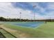 Outdoor tennis courts with well maintained green and blue surface, nets, and lighting for evening play at 800 Skymont Dr, Holly Springs, NC 27540