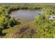 Scenic aerial view of a serene lake surrounded by lush greenery and trees in a beautiful community at 9701 Precious Stone Dr, Wake Forest, NC 27587