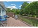 Spacious deck with outdoor seating and a table, overlooking a lush, green backyard and mature trees at 1 Plowlan Ct, Durham, NC 27707
