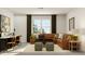 Comfortable living area features a brown sectional sofa, neutral rug, and a stylish desk area at 104 Corapeake Way, Apex, NC 27539
