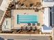 Aerial of a community pool with lap lanes and a separate wading pool, surrounded by modern residences at 104 Vallco Ln, Durham, NC 27713