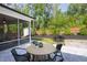 Charming backyard featuring a stone patio, lush landscaping, and a cozy outdoor dining area at 1102 Birchbark Rd, Durham, NC 27705