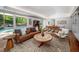 Comfortable living room with a leather sofa, area rug, and direct access to the pool area at 1111 Sourwood Cir, Chapel Hill, NC 27517
