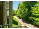 View of lush walking path adjacent to condos with mature shade trees creating a park like setting at 113 Ruskin Dr, Chapel Hill, NC 27516