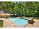 Inviting backyard pool surrounded by lush landscaping, offering a private oasis for relaxation and recreation at 150 Georgetown Woods Dr, Youngsville, NC 27596