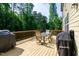Exterior back deck with wood flooring, outdoor furniture, and a grill at 1820 Yates Wheel Way, Raleigh, NC 27606
