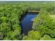 Aerial view of a serene pond surrounded by lush greenery, highlighting the natural beauty at 404 Emerywood Dr, Raleigh, NC 27615