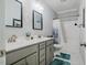 Bathroom featuring double vanity and a shower/tub combo with blue accents at 4072 Mackenzie Dr, Haw River, NC 27258