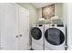 Laundry room featuring a modern washer and dryer set, accompanied by white shelving and cabinet doors at 412 Gaston Park Ln # 200, Wake Forest, NC 27587