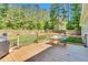 Wooden deck overlooking a spacious backyard with mature trees and ample seating area at 76 Bergeson Ct, Fuquay Varina, NC 27526