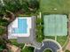 Overhead view of the pool and tennis courts, highlighting the community's recreational amenities at 77 Ruffed Grouse, Chapel Hill, NC 27517