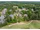 A wide aerial view of luxury homes, golf course, and a well-planned community with mature trees at 77 Ruffed Grouse, Chapel Hill, NC 27517