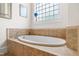 Luxurious soaking tub with tiled surround and glass block window at 77 Ruffed Grouse, Chapel Hill, NC 27517