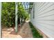 Charming side yard with a stone pathway, lush greenery, and a pergola adding architectural interest at 77 Ruffed Grouse, Chapel Hill, NC 27517
