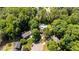 An aerial view showcasing this residence, nestled amongst trees, with a pool, and mature landscaping at 7901 Farnham Ct, Raleigh, NC 27615