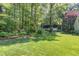 Serene backyard view featuring lush greenery, mature trees, and a charming shed at 8304 Epping Forest Way, Wake Forest, NC 27587