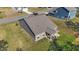 Aerial view of a gray-sided home with a covered patio and well-maintained yard in a residential neighborhood at 94 Shooting Star Ln, Clayton, NC 27520