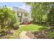 Serene backyard with a wooden deck, lush landscaping, and a stone pathway at 109 Hogan Glen Ct, Chapel Hill, NC 27516