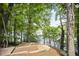 Beautiful wooded backyard with brick patio and outdoor seating overlooking the water at 109 Lochview Dr, Cary, NC 27518
