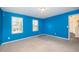 Blue bedroom featuring carpet and two windows with views of the neighborhood at 11 Mamie Ferguson Dr, Lillington, NC 27546