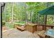 Relaxing back deck with bench seating, outdoor table, and serene backyard views at 112 Parkspring Ct, Cary, NC 27519