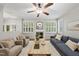 Inviting living room boasts a ceiling fan, hardwood floors, fireplace and lots of natural light at 13017 Townfield Dr, Raleigh, NC 27614