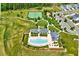 An aerial view of the community pool, tennis courts, and parking lot with manicured green space at 187 Stoney Creek Way, Chapel Hill, NC 27517