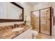 Bathroom featuring a walk-in shower, granite countertop, and vanity with framed mirror at 187 Stoney Creek Way, Chapel Hill, NC 27517