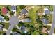 Overhead view of a neighborhood with grassy lawns and treed lots at 228 Honeywell Way, Fuquay Varina, NC 27526