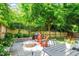 Beautiful backyard with a stone patio, fire pit, seating, and lush greenery surrounding the area at 2613 Bedford Ave, Raleigh, NC 27607