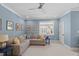 Inviting bonus room featuring a sectional sofa, carpeted floors and serene blue walls at 2993 Club Dr, Raleigh, NC 27613
