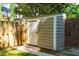 Durable outdoor storage shed with easy access through a gated wooden fence, ideal for garden tools at 3029 Wycliff Rd, Raleigh, NC 27607