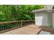 Wooden deck with railing provides views of the wooded backyard at 450 S Stratford Dr, Henderson, NC 27537