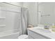 A well-lit bathroom featuring a shower-tub combo, patterned shower curtain, and white vanity at 5009 Megara, Raleigh, NC 27603