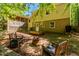 Backyard featuring a patio with seating, a fire pit, a garden bed, and a view of the house's exterior at 526 Colony Woods Dr, Chapel Hill, NC 27517