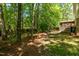 A natural backyard setting with mature trees, a screened porch, and an outdoor seating area with a fire pit at 526 Colony Woods Dr, Chapel Hill, NC 27517