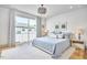 Bright bedroom with large window, modern light fixture, and neutral-toned decor at 631 Linfield Dr, Durham, NC 27701