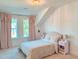 Charming bedroom with dormered ceilings, two windows with flowing pink curtains, and matching nightstands at 642 The Parks Dr, Pittsboro, NC 27312