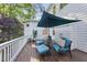 Relaxing patio with comfortable blue chairs and a shade umbrella at 7312 Hasentree Way, Wake Forest, NC 27587